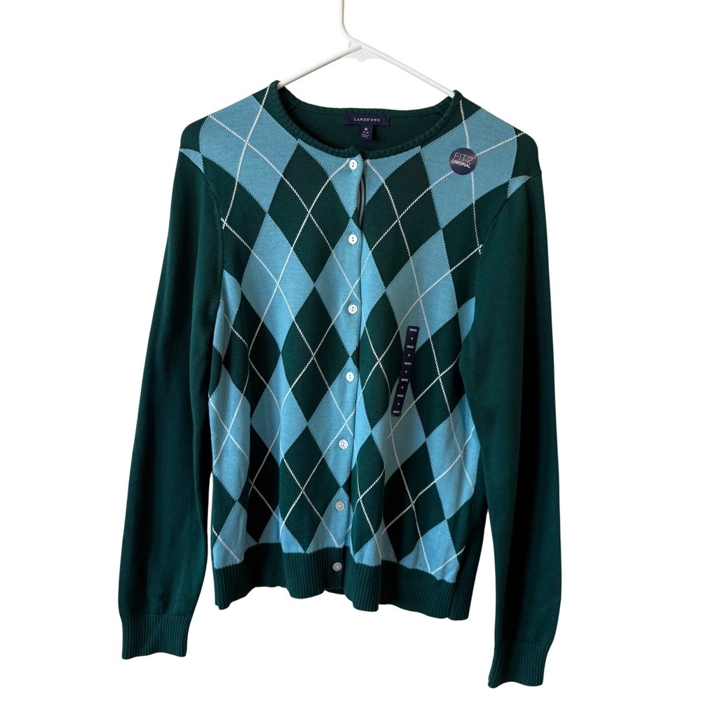 Lands End Womens Argyle Cardigan Sweater Green Blue Supima Cotton Size M Preppy